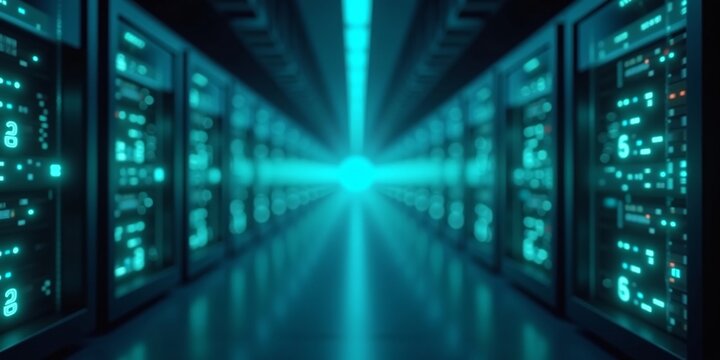 Futuristic Server Room Corridor with blurred blue and green LEDs 