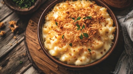 Delicious homemade macaroni and cheese with crispy breadcrumb topping ready to eat