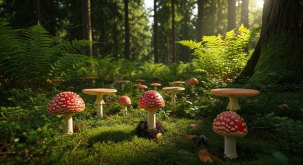 Enchanted Forest Floor Showcasing Vibrant Red Spotted Mushrooms Among Emerald Ferns