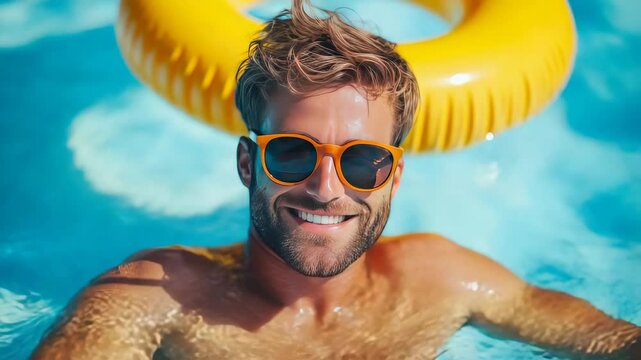 Smiling young Caucasian man with blond hair and beard wearing orange sunglasses in a swimming pool with a yellow float