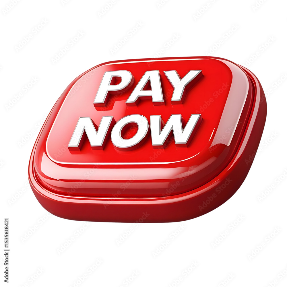 Poster red 3d pay now button glossy icon isolated on a transparent background image