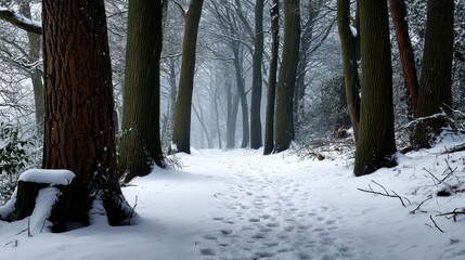 Snowflakes falling between tree trunks, footprints dissolving in powder, cold atmosphere radiating through a soft color palette