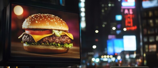 A digital billboard featuring an advertisement for a hamburger in the city at night, with ultra-realistic photography. --ar 104:45 --v 6.1 Job ID: 3e6e9dcf-3e33-4161-94e6-88e9f202ee20