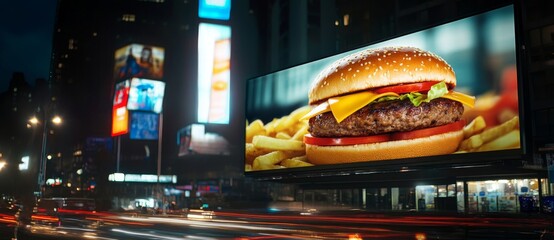 A digital billboard featuring an advertisement for a hamburger in the city at night, with ultra-realistic photography. --ar 104:45 --v 6.1 Job ID: 3e6e9dcf-3e33-4161-94e6-88e9f202ee20