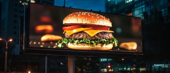 A digital billboard featuring an advertisement for a hamburger in the city at night, with ultra-realistic photography.