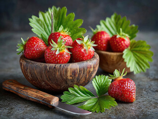 Fresh strawberries in a rustic bowl with green leaves beside a knife