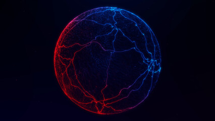 Glowing neon sphere with blue and red energy veins on dark background. Futuristic sci-fi orb effect for tech visuals, cyber design or AI-inspired projects. High-tech abstract art.