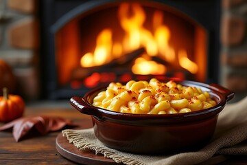 Creamy mac and cheese by a cozy fireplace autumn comfort food