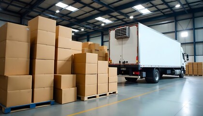 Interior of a logistic warehouse, Many cardboard boxes stacked on wooden pallets in large indoor warehouse. White refrigerated truck parked inside warehouse. Cold chain, created with generative ai	

