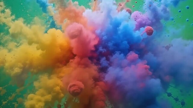 A clear green background enhances the explode colorful dust surface scene, where pigments burst outward in vibrant, swirling patterns that fill the frame with lively color.