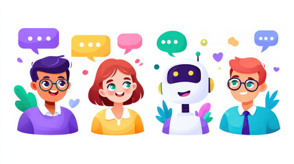 Friendly chatbot interacting with people in a colorful setting