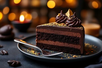 Decadent double layer chocolate cake slice gourmet dessert