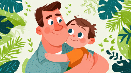 Father Embracing Child with Smiling Faces and Lush Greenery in Background