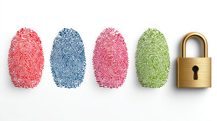Colorful fingerprints beside a padlock conceptualizing security and identification