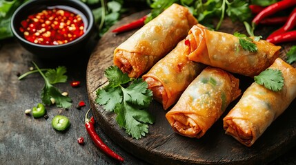 Thai street food beautifully, rustic wooden table, vibrant colors, traditional