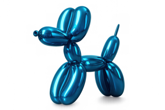 Glossy metallic blue balloon animal sculpture, reflecting light against transparent backdrop for festive design elements