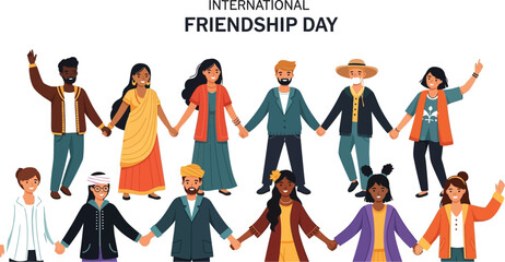 International friendship day illustration with diverse people holding hands in unity and celebration