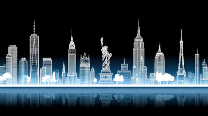 Fototapeta premium Silhouette depiction of city skyline featuring iconic landmarks and reflections