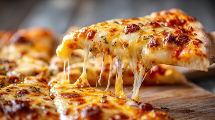 Cheesy pizza slice being lifted with melting, gooey cheese pull effect