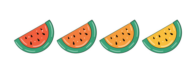 Assorted watermelon slices: red, orange, yellow. A set of isolated design elements on a white background, hand-drawn in doodle style
