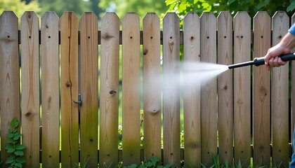 Pressure washing cleaning wooden fence. Difference between clean dirty surface. Moss, algae, mildew removal from old weathered wood fence. Home improvement renovation, back, created with generative ai