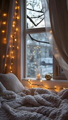 Cozy winter scene by a window with warm lights.