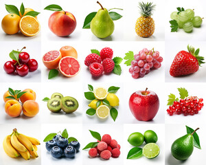 Colorful assortment of fresh fruits arranged on a white background