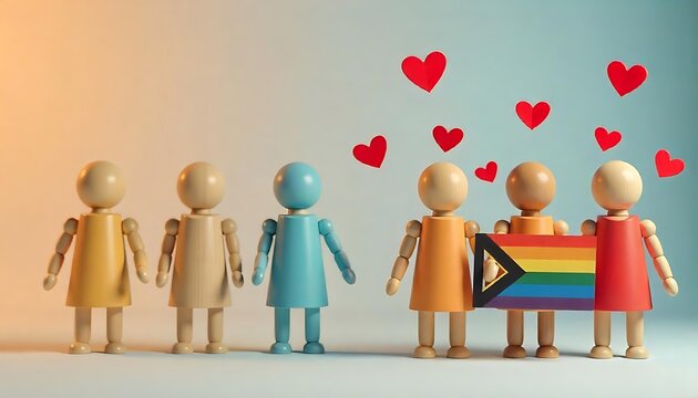 Pride month LGBTQ+ concept design of wooden people wearing t-shirts and rainbow flag with red hearts with copy space, Pride parade. Colorful LGBT pride month banner, poster,created with generative ai	