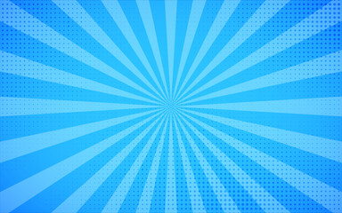Comic background with halftone effect and sunburst. Blue starburst abstract backdrop. Suit for for comic superhero text, speech bubble, message.