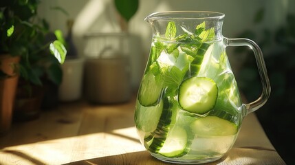 Refreshing cucumber and mint infused water in a glass pitcher on wooden table