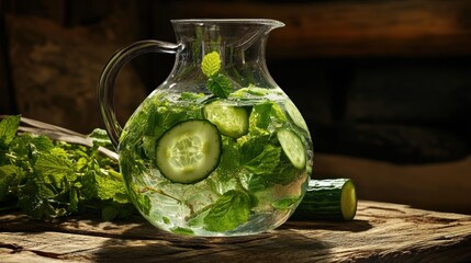 Refreshing cucumber and mint infused water in a glass pitcher on a wooden table