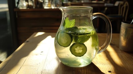 Refreshing cucumber and mint infused water pitcher on a rustic wooden table