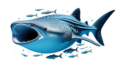 Naklejka premium Whale Shark Illustration with Open Mouth and Small Fish Featuring Blue Tones and White Spots Isolated on White Background Suitable for Educational or Decorative Purposes
