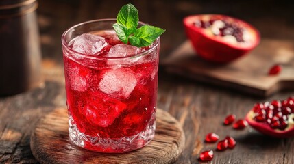 Refreshing pomegranate cocktail with ice and mint on a rustic wooden table