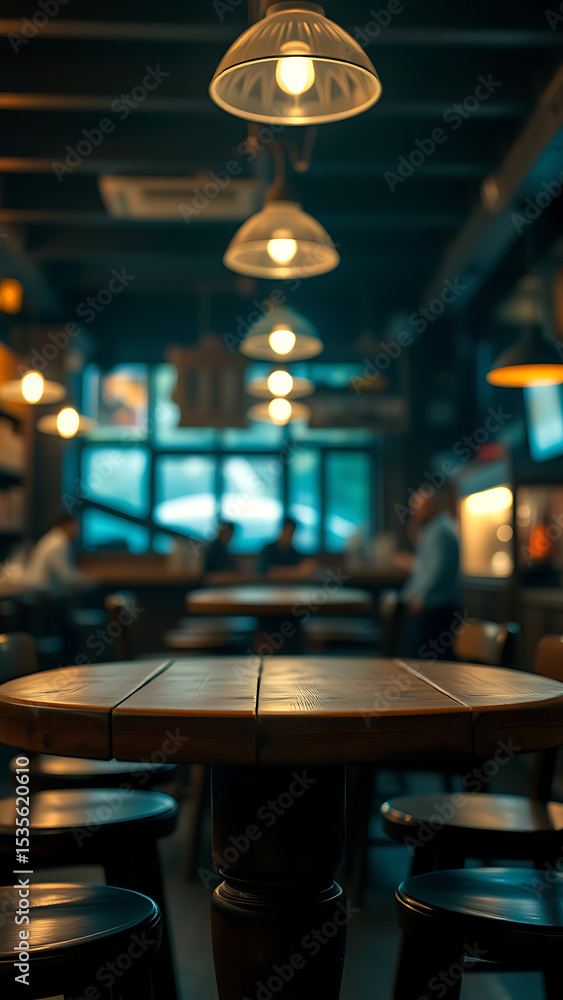 Poster empty wooden table rustic and blurred background of bar or pub for product display high quality phot
