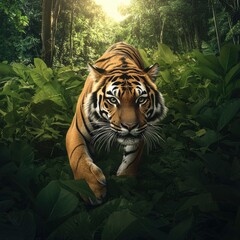 Powerful Tiger Stalking in Vibrant Jungle