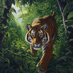 Tiger Camouflaged in Lush Greenery of Jungle