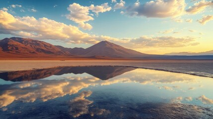 Serene Mountain Landscape Reflected in Water at Sunset, Evoking Tranquility