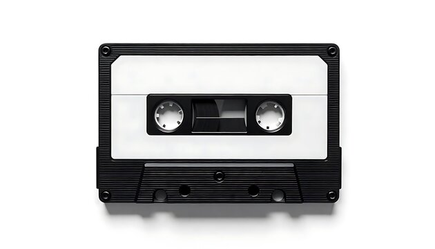 Blank white video cassette tape mockup, Black and white retro design. Vintage tape for old stereo music player. Music recording concept. Nostalgia for 70s 80s 90s, created with generative ai