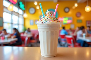 Delicious creamy vanilla milkshake with colorful sprinkles in retro diner