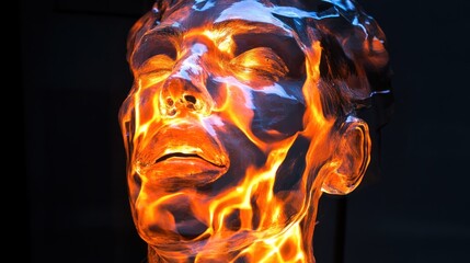 Striking illuminated sculpture of a human face in mesmerizing light display