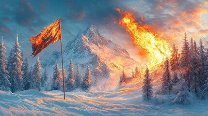 Striking Image of a Waving Flag, Fire, Snow-Covered Mountains, and Winter Scenery