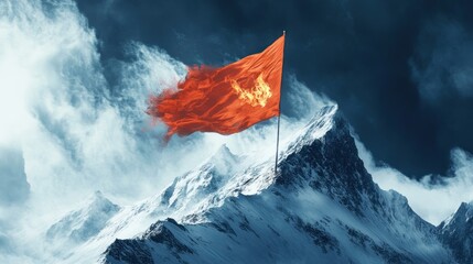 Symbolic red flag waving atop a snow-covered mountain peak under cloudy skies
