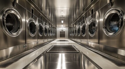Symmetrical view of a clean and organized commercial laundry facility with machines