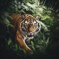 Majestic Tiger Exploring Tropical Rainforest