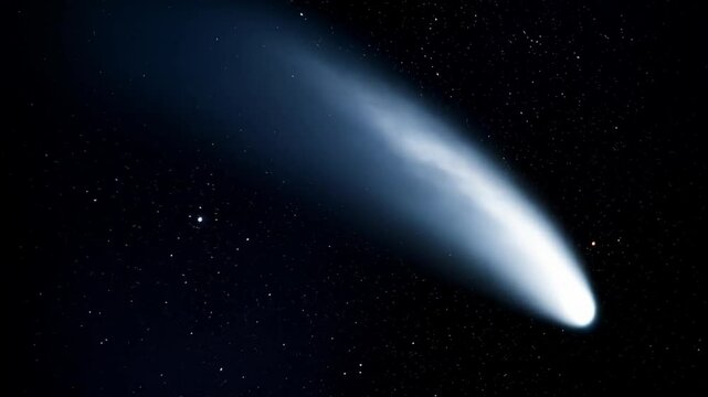 Bright comet streaking through a dark starry night sky, an astronomical event with luminous tail and cosmic dust
