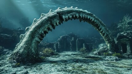 Underwater Ancient Ruins with Shark Jaw Archway: A Lost Civilization's Tale