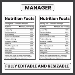 manager nutrition facts
 funny manager label
 leadership nutrition facts
 office humor design
 boss appreciation label
 workplace nutrition
 corporate manager traits