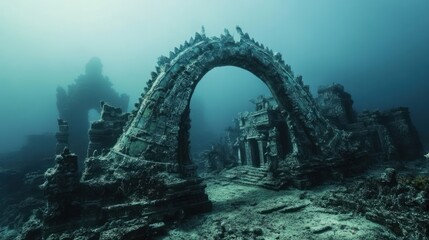 Underwater Archaeological Site: Majestic Archway and Temple Ruins Beneath the Sea