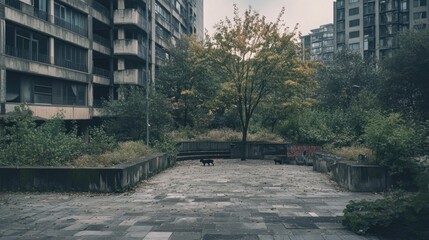 Urban decay and nature reclaiming space in a city park with stray animals